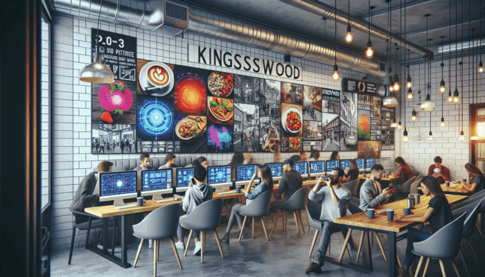 A busy Kingswood café featuring social media graphics, customers photographing meals, and screens displaying online engagement.