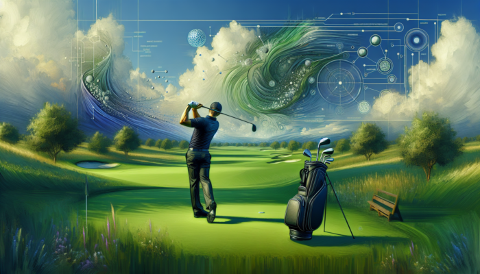 A golfer executing a flawless swing on a green course, surrounded by diagrams illustrating expert strategies.