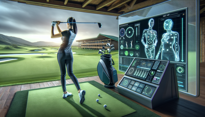 Golfer using a high-tech swing analyzer and simulator for real-time feedback on a modern golf course.
