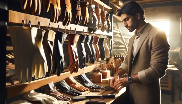 A diverse selection of gloves on a wooden rack in a sunlit workshop, with a person examining them for durability and fit.