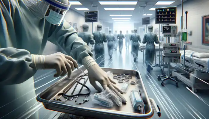 A healthcare worker swiftly wears cost-effective vinyl gloves in a busy hospital, providing protection while safely handling instruments.